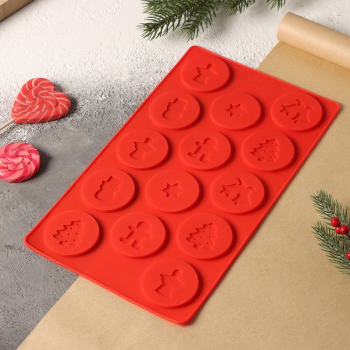 Форма для конфет и шоколада новогодняя Доляна «Новогодние кружочки», силикон, 29,8×17,5 см, 14 ячеек (d=5 см), цвет красный Форма для конфет и шоколада новогодняя Доляна «Новогодние кружочки», силикон, 29,8×17,5 см, 14 ячеек (d=5 см), цвет красный
