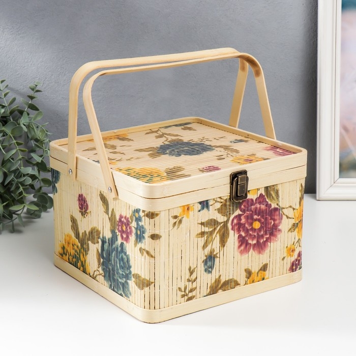Шкатулка бамбук Шкатулка бамбук "Сад с пионами" квадрат, с ручками 16х24х24 см