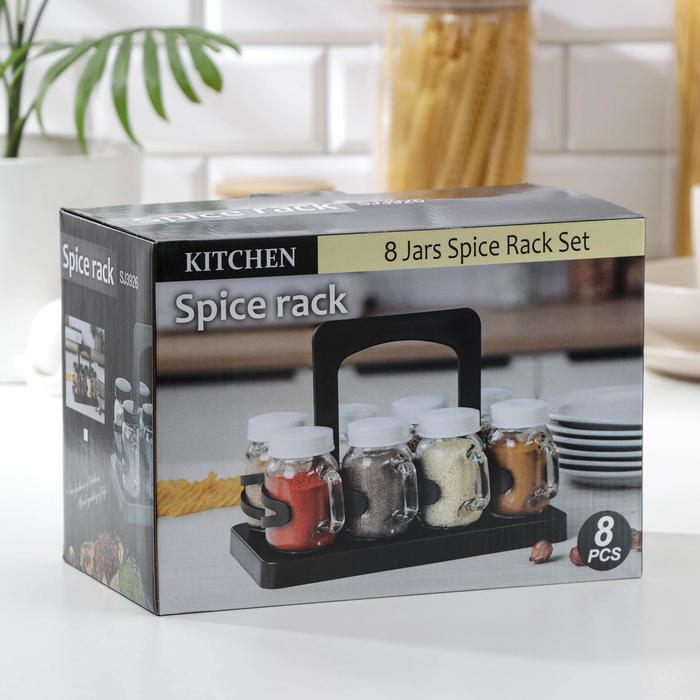 Набор для специй из стекла на подставке &laquo;Специи&raquo;, 120 мл, 7,5&times;5&times;8,5 см, 8 шт, цвет чёрный