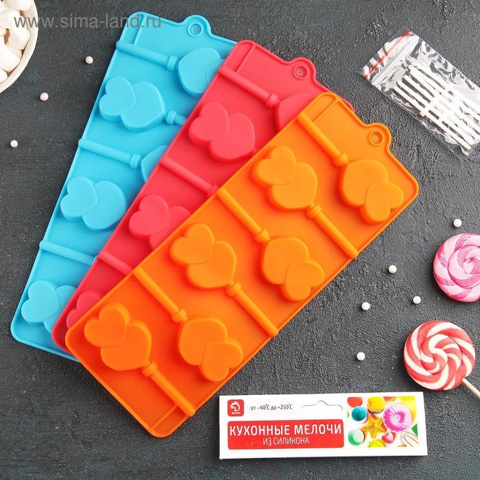 Форма для леденцов Доляна «Влюблённость», силикон, 9,5×24×1 см, 6 ячеек (4,2×3,3 см), с палочками, цвет МИКС Форма для леденцов Доляна «Влюблённость», силикон, 9,5×24×1 см, 6 ячеек (4,2×3,3 см), с палочками, цвет МИКС