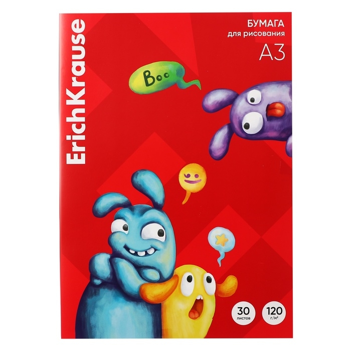 Бумага для рисования А3, 30 листов, ErichKrause Jolly Friends, блок 120 г/м², 100% белизна, картонная папка Бумага для рисования А3, 30 листов, ErichKrause Jolly Friends, блок 120 г/м², 100% белизна, картонная папка