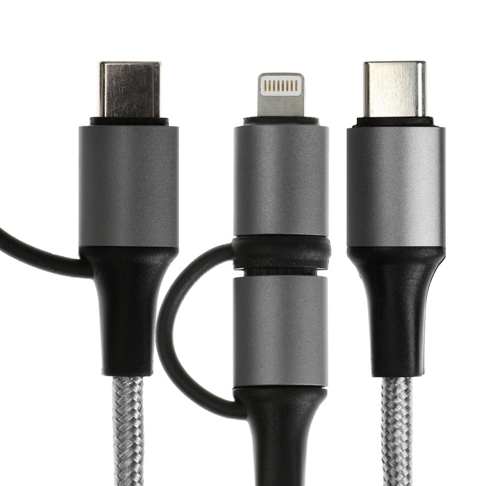 Кабель 2 в 1, Type-C - Type-C/Lightning, 60 W, 3 А, оплётка ткань, 1 метр, серебристый Кабель 2 в 1, Type-C - Type-C/Lightning, 60 W, 3 А, оплётка ткань, 1 метр, серебристый