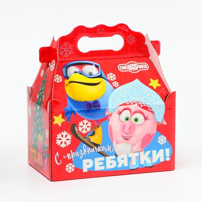 Новый год. Подарочная коробка Новогодняя Ларец простой "Смешарики" лицензия 20 х 12 х 17 см (+5,5 см).