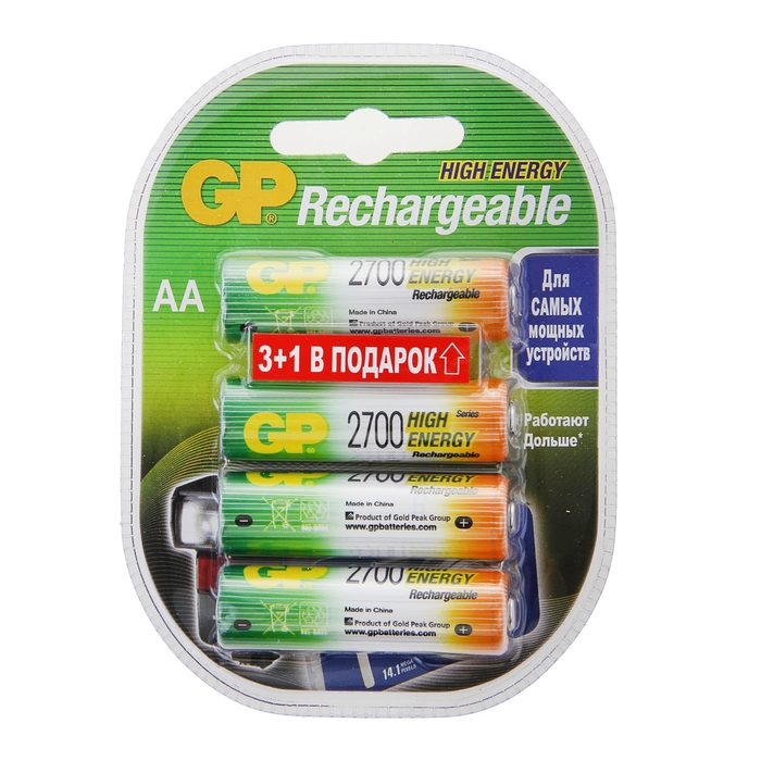 Аккумулятор GP, Ni-Mh, AA, HR6-4BL, 1.2В, 2700 мАч, блистер, 4 шт. Аккумулятор GP, Ni-Mh, AA, HR6-4BL, 1.2В, 2700 мАч, блистер, 4 шт.