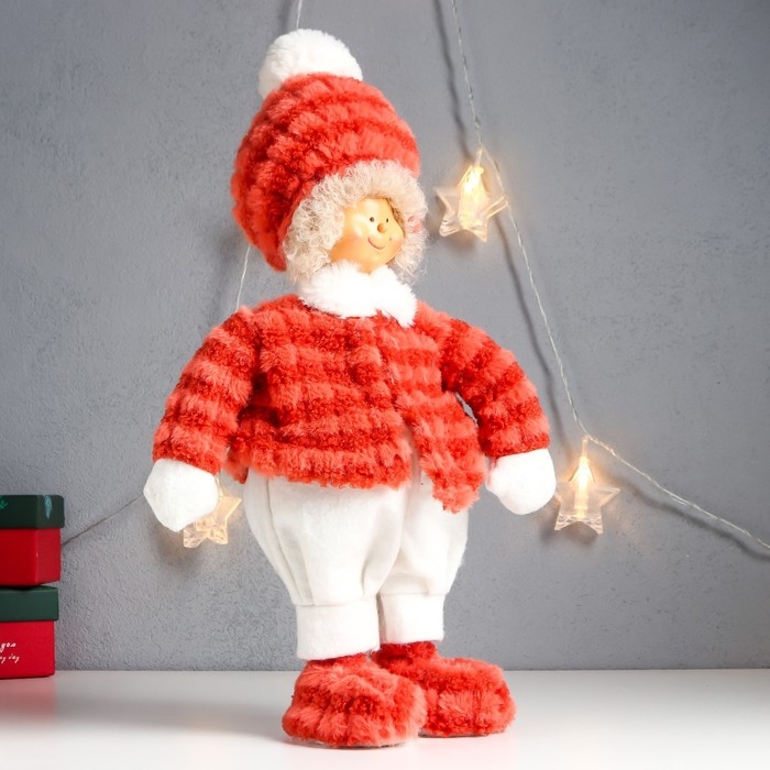 Кукла интерьерная Кукла интерьерная "Мальчишка-пухляш в шапке с бомбошкой, меховой наряд" 43х20х11 см