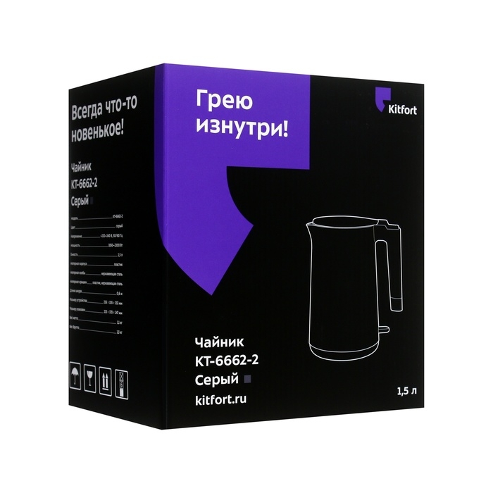 Чайник электрический Kitfort КТ-6662-2, пластик, колба металл, 1.5 л, 2200 Вт, серо-красный Чайник электрический Kitfort КТ-6662-2, пластик, колба металл, 1.5 л, 2200 Вт, серо-красный