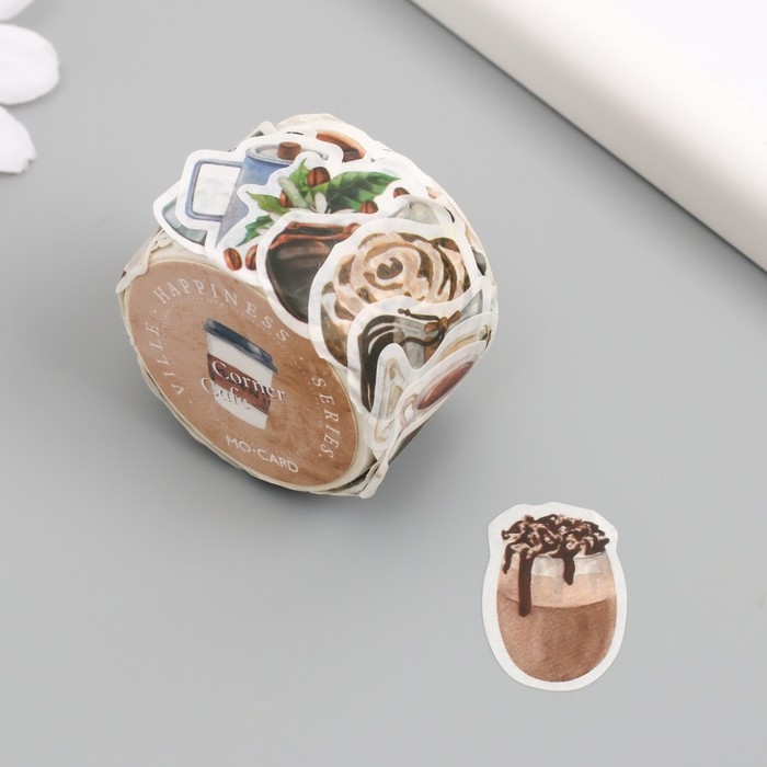 Наклейка бумага Наклейка бумага "Кофейные сладости и напитки" 1,2 - 2,5 см 100 шт в рулоне 11х8 см