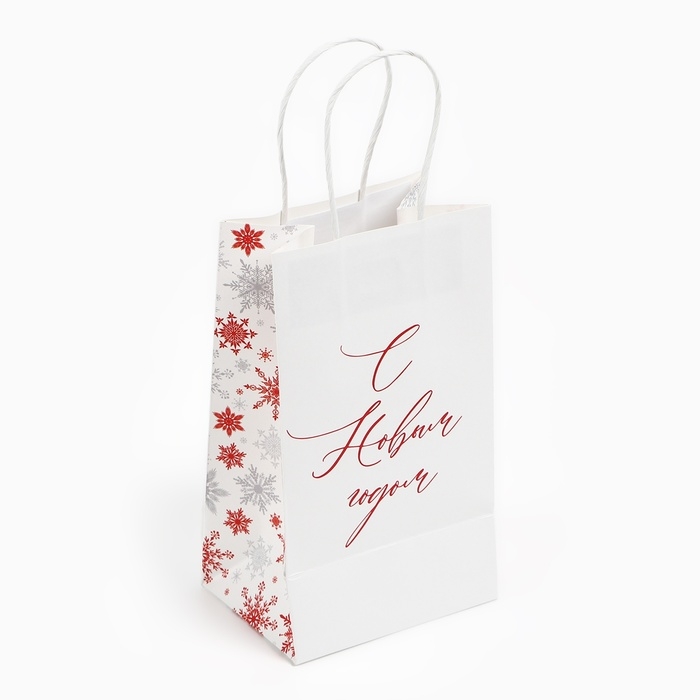 Пакет подарочный новогодний «С Новым годом», снежинки, белый крафт, 12 х 21 х 9 см , Новый год