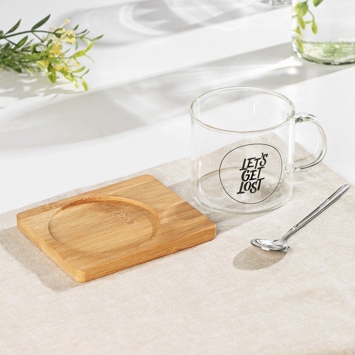 Кружка стеклянная с ложкой на деревянной подставке «Котик», 300 мл, рисунок МИКС Кружка стеклянная с ложкой на деревянной подставке «Котик», 300 мл, рисунок МИКС