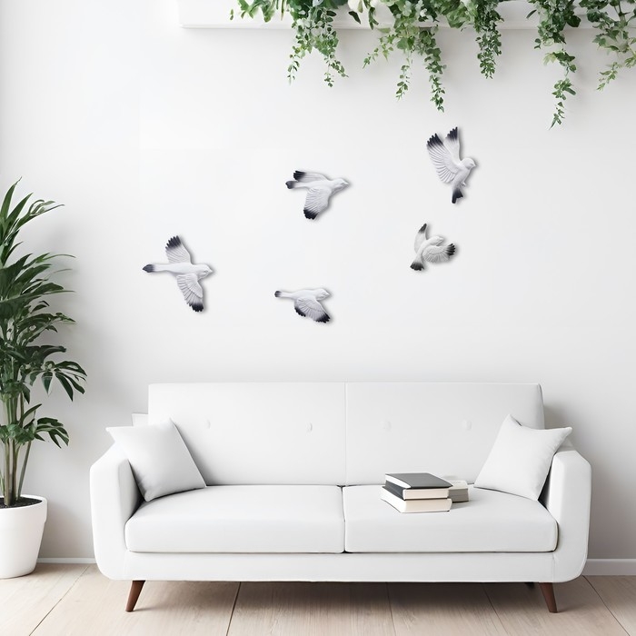Декорация настенная, гипсовое панно Декорация настенная, гипсовое панно "Птицы" 5 шт, белые с черными крыльями