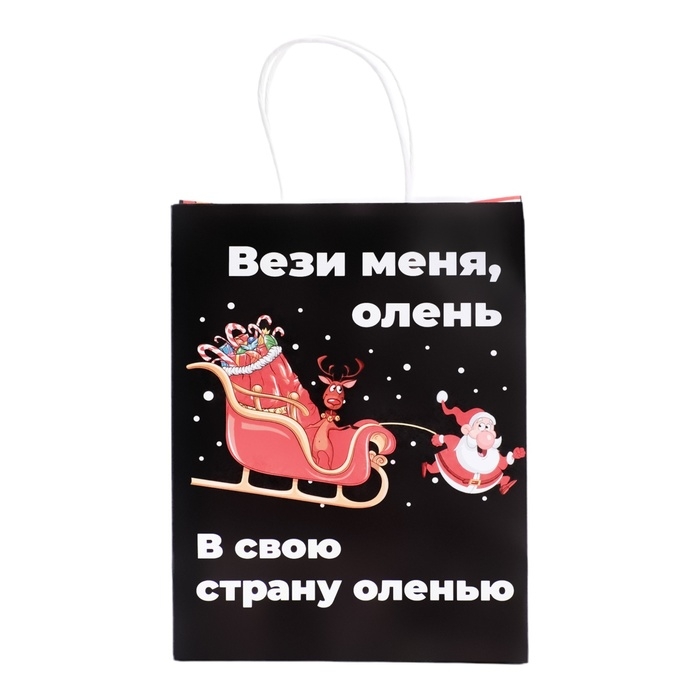Новый год. Пакет бумажный подарочный новогодний крафт, Новый год. Пакет бумажный подарочный новогодний крафт, "Вези меня" , 27 х 21 х 11 см.
