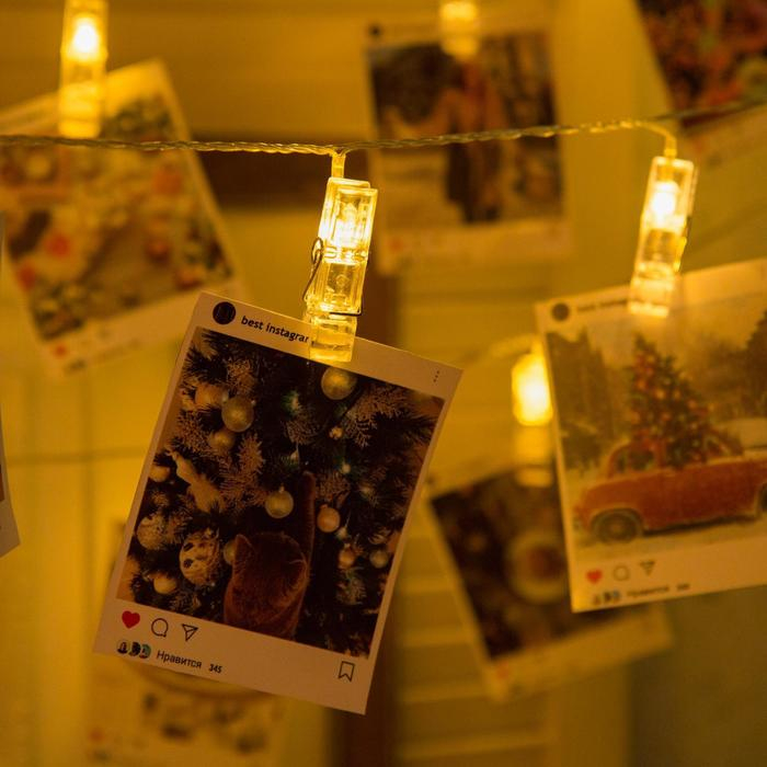 Гирлянда «Нить» 5 м с насадками «Прищепки», IP20, прозрачная нить, 30 LED, свечение тёплое белое, 8 режимов, 220 В