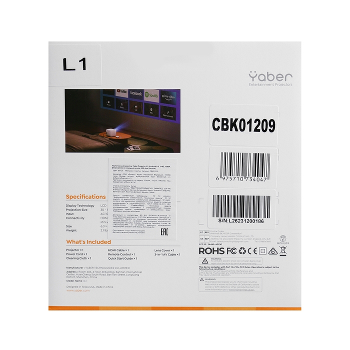 Проектор Yaber Projector L1, 200 лм,1280x720, 0:1,ресурс лампы: 25000 часов,USB,HDMI, белый Проектор Yaber Projector L1, 200 лм,1280x720, 0:1,ресурс лампы: 25000 часов,USB,HDMI, белый