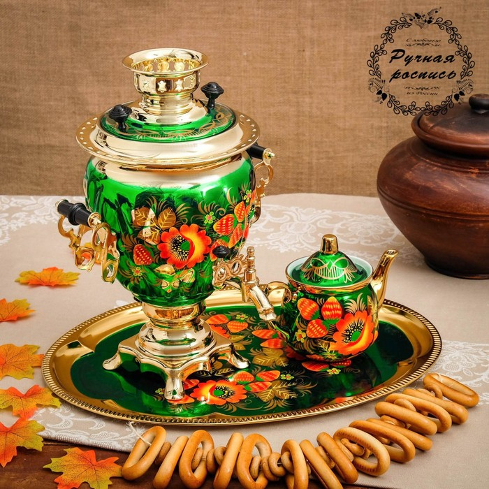 Набор «Маки на зелёном», жёлудь, 3 предмета, самовар 3 л, заварочный чайник 0,7 л, поднос Набор «Маки на зелёном», жёлудь, 3 предмета, самовар 3 л, заварочный чайник 0,7 л, поднос