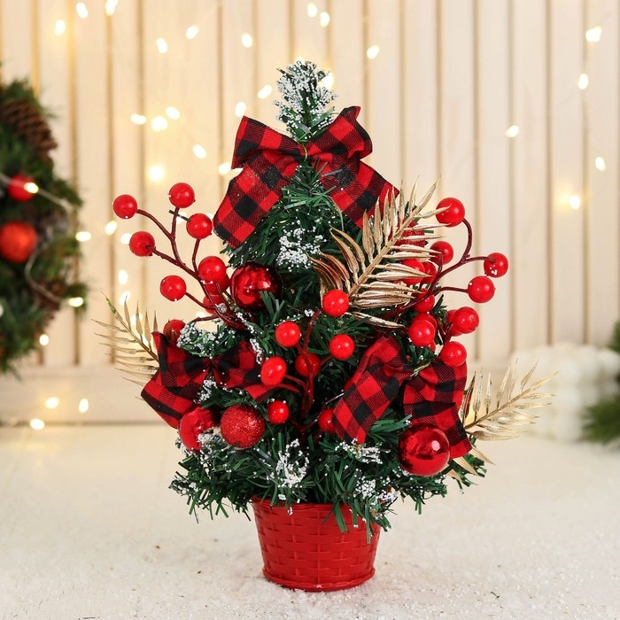 Ёлка декор  Ёлка декор "Праздничная" бантик клетка цветок, 13х28 см, красный