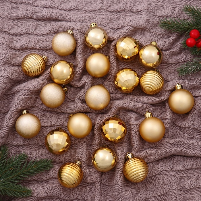 Ёлочные игрушки, шары новогодние , пластик, набор d-4 см, 20 шт Ёлочные игрушки, шары новогодние , пластик, набор d-4 см, 20 шт "Диско ассорти" золото