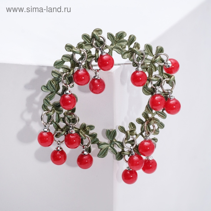 Брошь «Венок» брусничный, цвет красно-зелёный в серебре Брошь «Венок» брусничный, цвет красно-зелёный в серебре