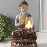 Сувенир полистоун подсвечник "Будда с лотосом" с золотой патиной 10х14,5х25 см