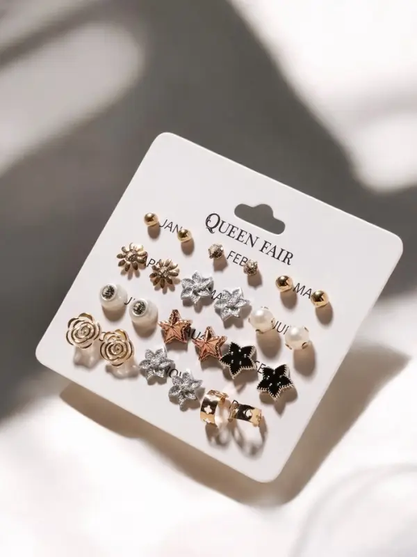 Серьги пусеты 12 пар &laquo;Фантазия&raquo; цветы и звёзды, белые в золоте