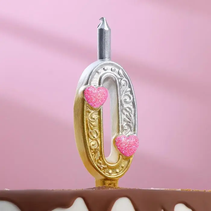 Свеча для торта &laquo;Сердечки&raquo; серебряно-золотая, 10.2 см, цифра 0