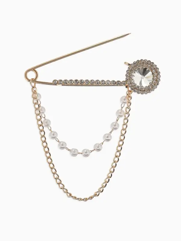 Булавка &laquo;Императрица. Цепочка и жемчуг&raquo;, в стразах, L=7.5 см, белая в золоте