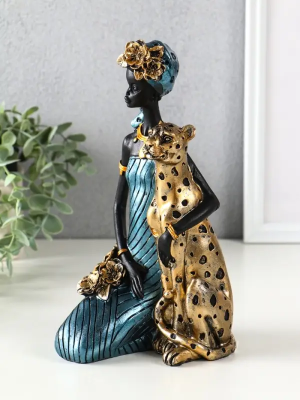 Сувенир полистоун  Сувенир полистоун "Африканка в платье с леопардом" бензиновый синий 13х13х25,5 см