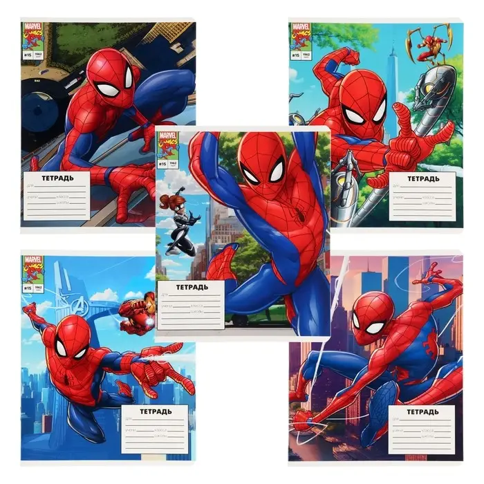 Тетрадь в клетку 12 листов, 5 видов МИКС, обложка мелованный картон, &laquo;Человек-паук&raquo;