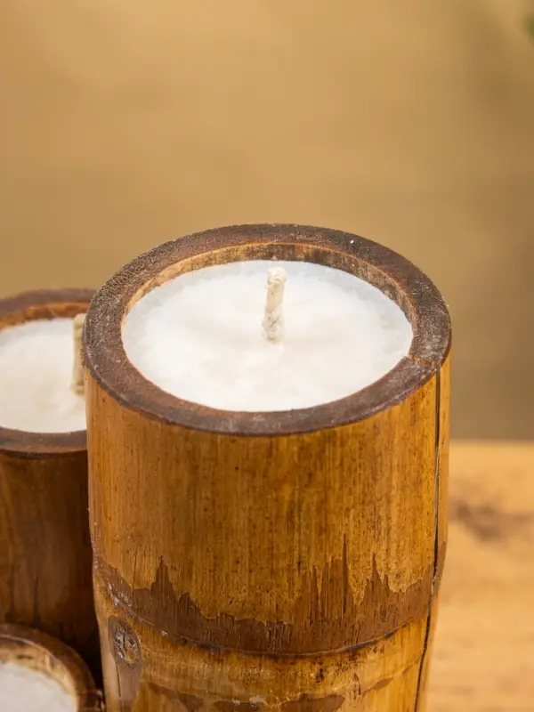 Свеча в бамбуке тройная, 14×15×30 см, 100 мл, бежевая