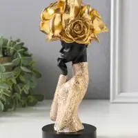 Бюст полистоун "Девушка с золотой розой, в наряде с узорами" чёрный 9х7,5х19,5 см