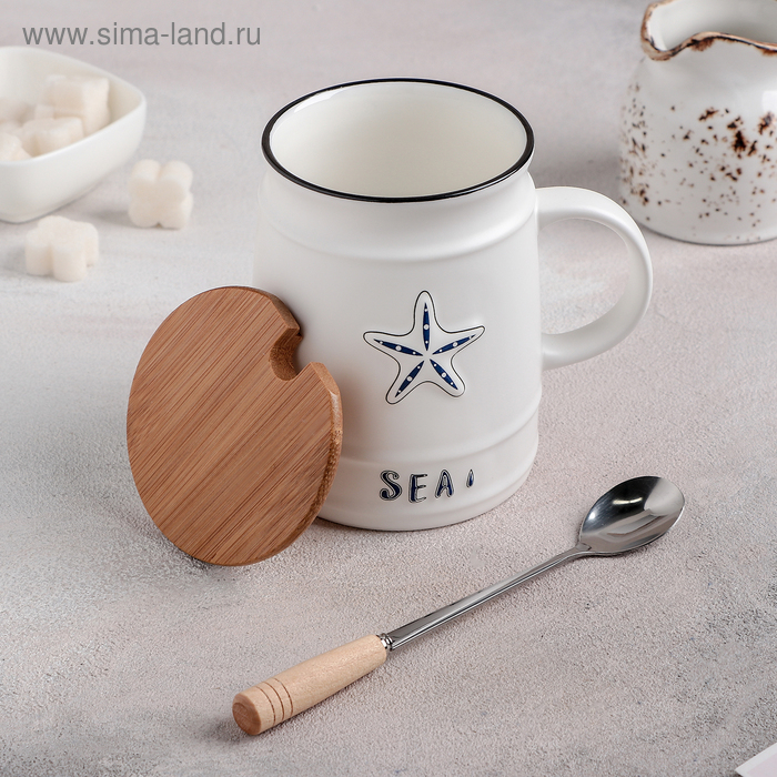 Кружка керамическая с деревянной крышкой и ложкой «Морская», 400 мл, рисунок МИКС Кружка керамическая с деревянной крышкой и ложкой «Морская», 400 мл, рисунок МИКС