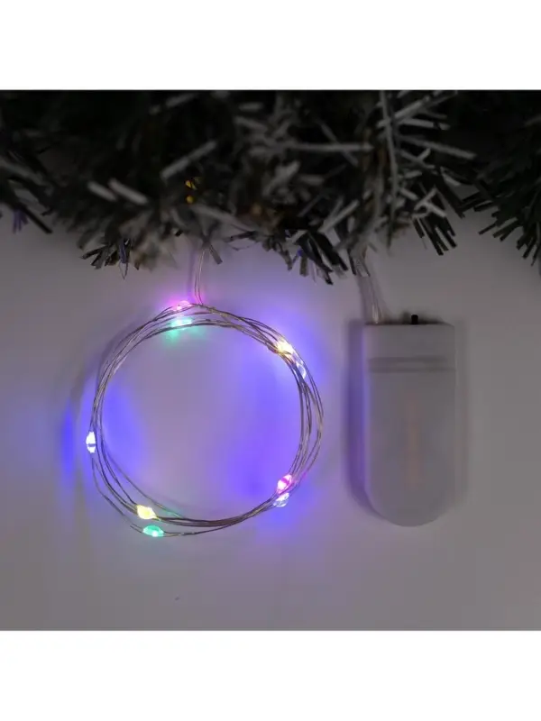 Гирлянда &laquo;Нить&raquo; 1 м роса, IP20, серебристая нить, 10 LED, батарейки CR2032&times;2 (в комплекте), свечение мульти