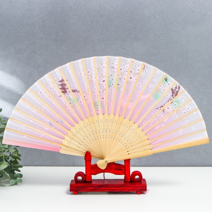 Веер дерево, текстиль h=21 см  Веер дерево, текстиль h=21 см "Зайчики у сакуры" розовый, с кисточкой