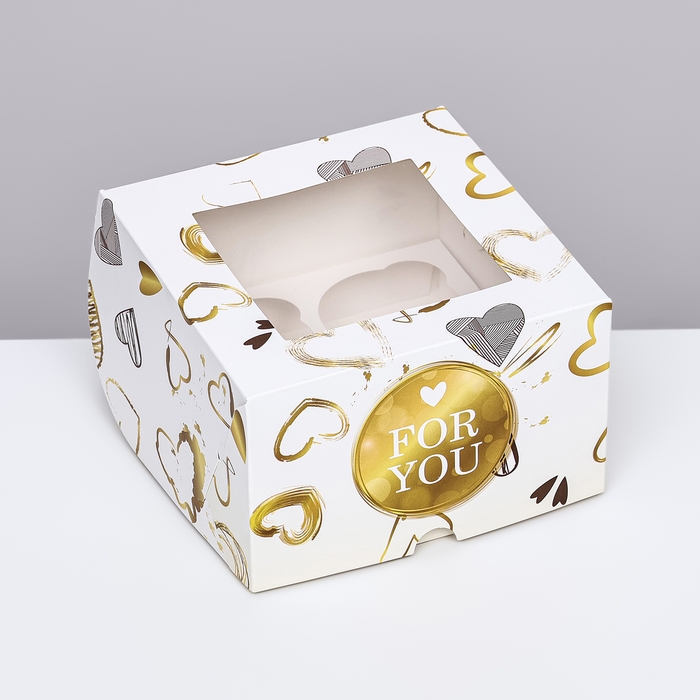 Коробка для 4 капкейков с окном ,  Коробка для 4 капкейков с окном , "For you", 16 х 16 х 10 см