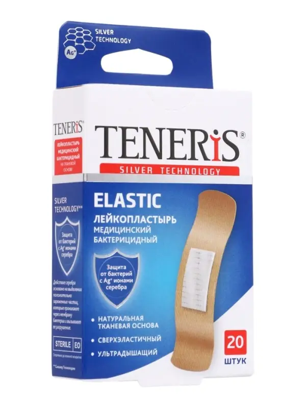 Лейкопластырь медицинский бактерицидный TENERIS Elastic, тканная основа, 7.6&times;1.9 см, 20 шт.