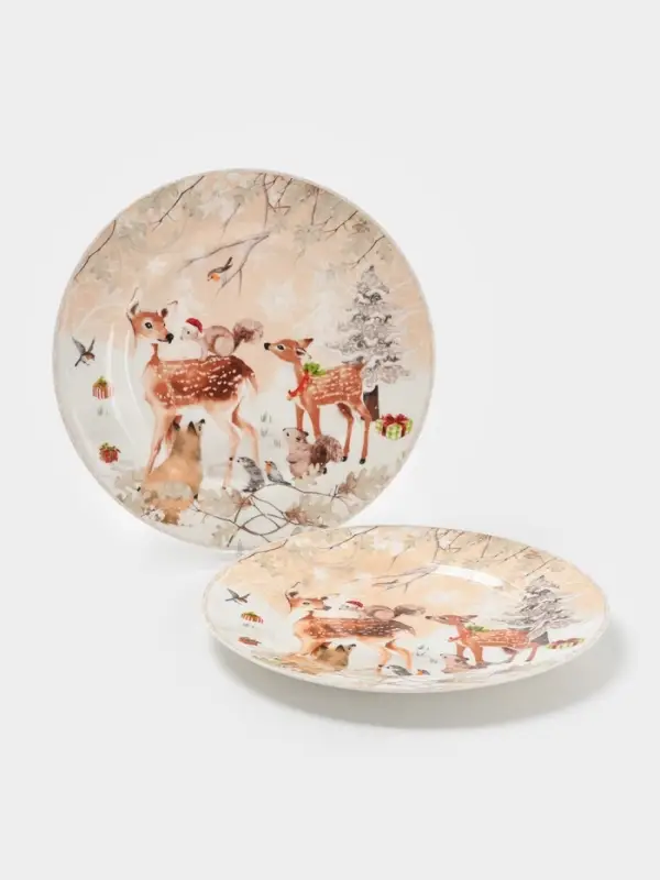 Набор тарелок новогодних «Лесное чудо», 2 шт., d=25.5 см, керамика, подарочная упаковка, бежевый Набор тарелок новогодних «Лесное чудо», 2 шт., d=25.5 см, керамика, подарочная упаковка, бежевый