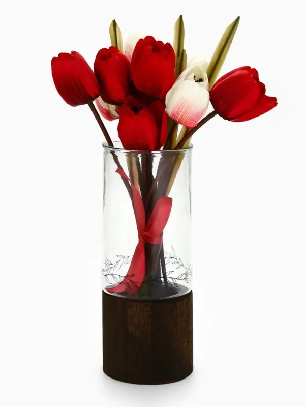 Ваза для цветов стеклянная с деревянной подставкой, 25.5&times;10 см, 1.25 литра