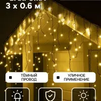 Гирлянда &laquo;Бахрома&raquo; 3&times;0.6 м, IP44, УМС, тёмная нить, 160 LED, свечение тёплое белое, 220 В