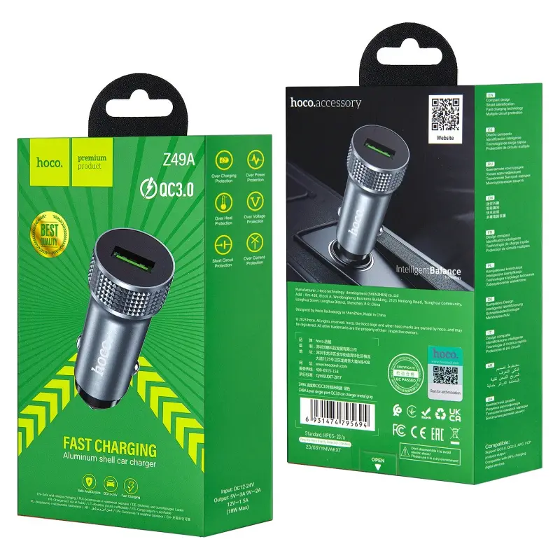Переходник автомобильного зарядного устройства на USB 18W QC3.0 Z49A HOCO серый