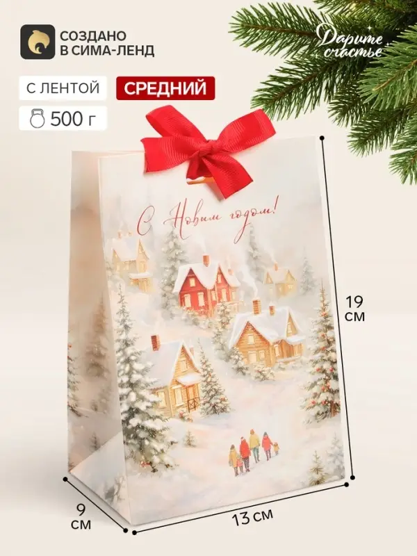Пакет подарочный с лентой &laquo;С Новым годом&raquo;, зимняя деревушка, 13&times;19&times;9 см