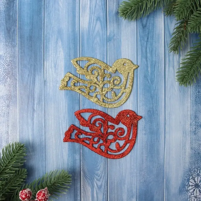 Ёлочные игрушки 2 шт. &laquo;Зимнее волшебство. Птичка блеск&raquo; пластик, 7&times;9.5 см, красный золото