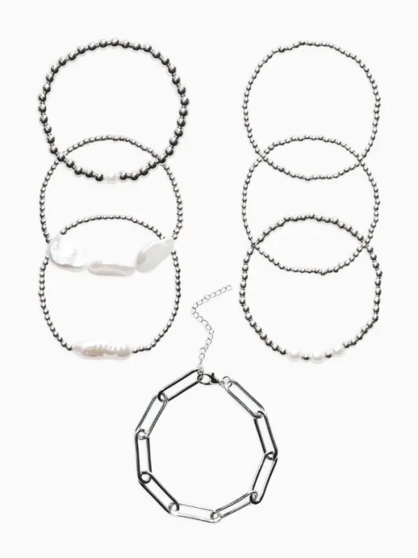 Браслет жемчуг "Барочный с цепями" (набор 7шт) , цвет белый в серебре