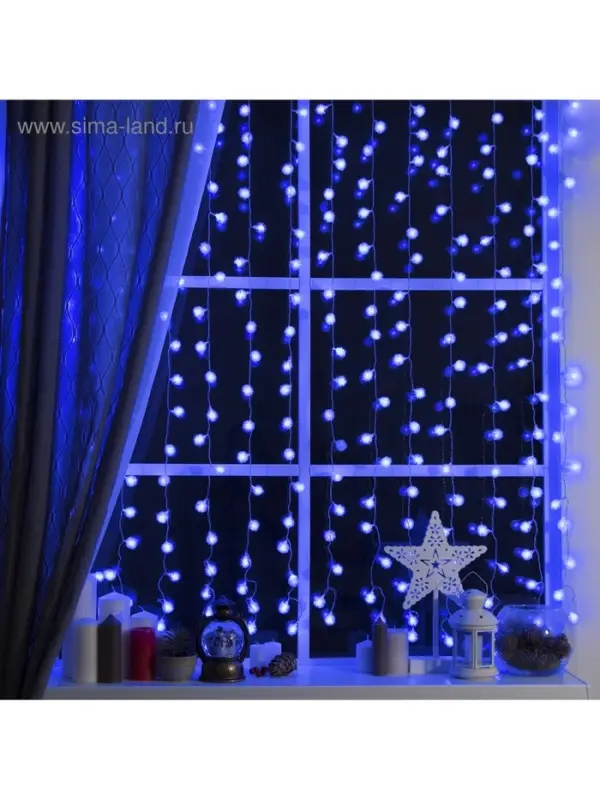 Гирлянда &laquo;Занавес&raquo; 2&times;1.5 м с насадками &laquo;Ёжики&raquo;, IP20, прозрачная нить, 360 LED, свечение синее, 8 режимов, 220 В