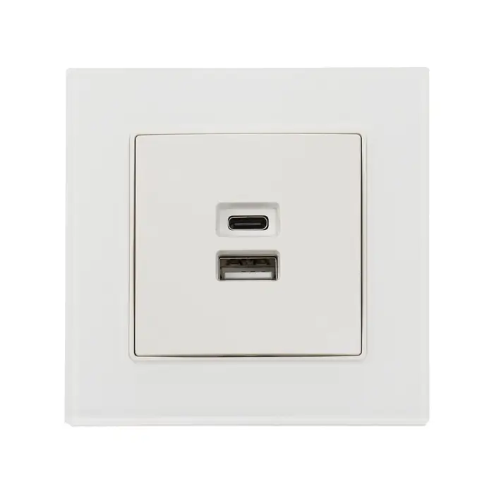 Розетка TOT Glossy Glass, 5 В, 2.1 A, разъёмы USB-A + USB-C, стекло, скрытая, белая