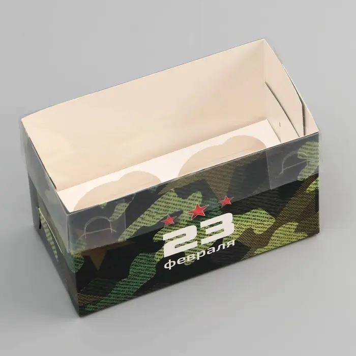 Коробка для 2 капкейка с прозрачной крышкой, «23 Февраля», 16×8×10 см Коробка для 2 капкейка с прозрачной крышкой, «23 Февраля», 16×8×10 см