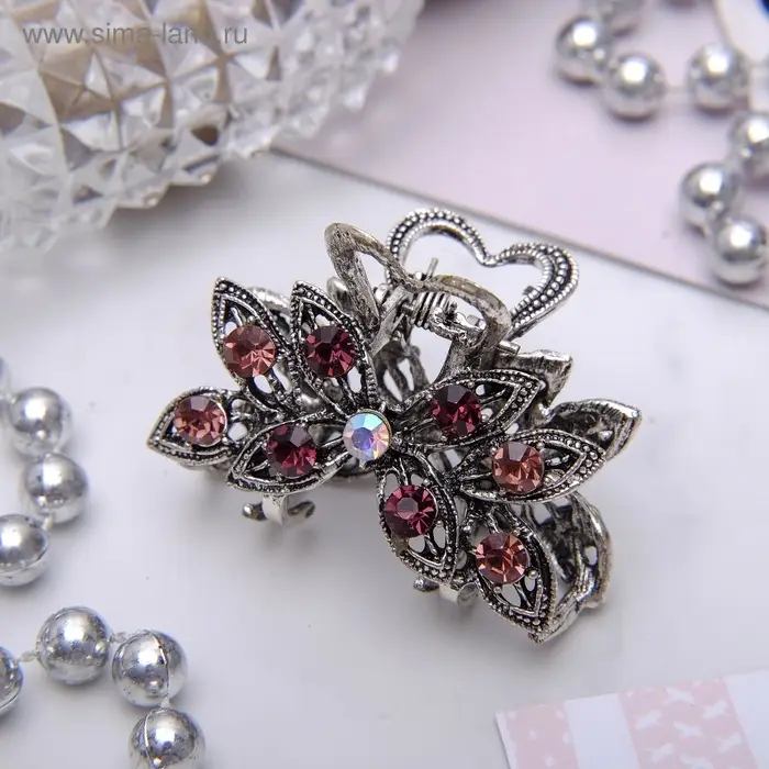 Крабик для волос &laquo;Чернёный&raquo;, цветок, 4.8 см, серебристый