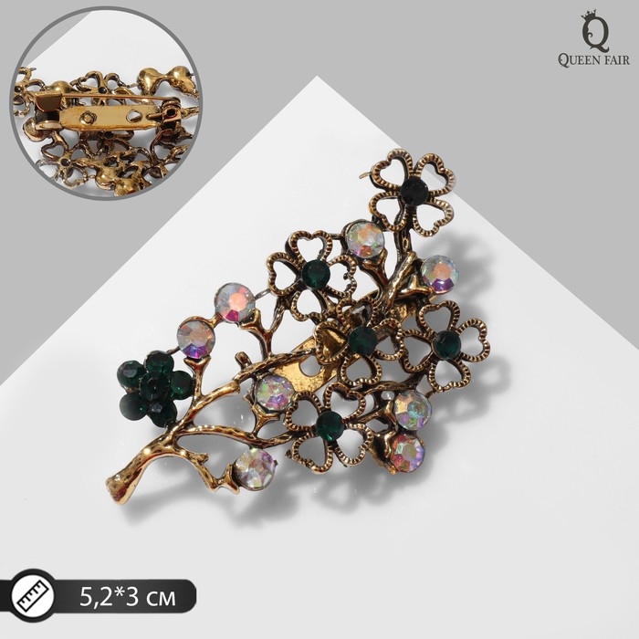 Брошь «Цветы» на веточке, цвет изумрудно-радужный в чернёном золоте Брошь «Цветы» на веточке, цвет изумрудно-радужный в чернёном золоте