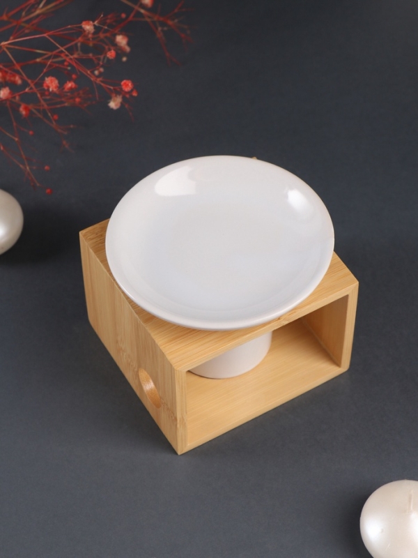 Аромалампа бамбук, керамика с подставкой под свечу "Строгие линии" белая 9,8х9,8х8 см