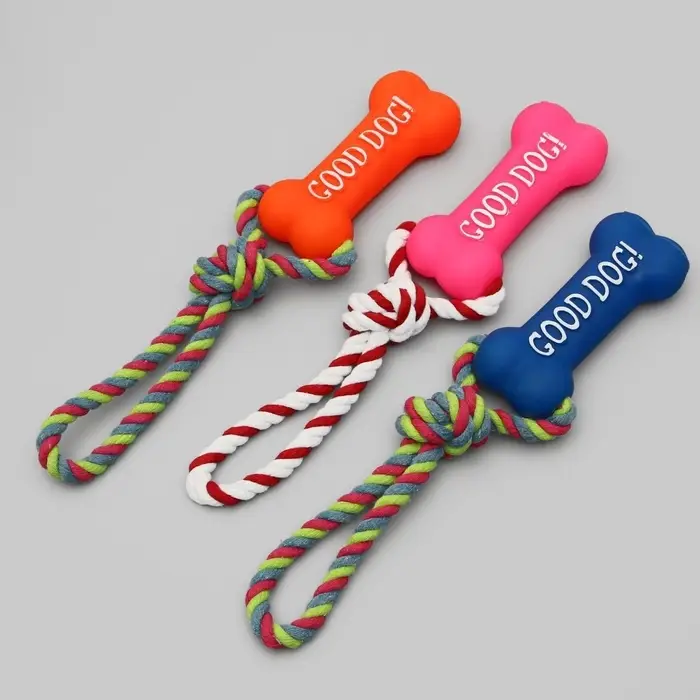 Игрушка для собак &laquo;Кость&raquo;, 14 см, резиновая, с ручкой из каната, до 37 см, цвет МИКС
