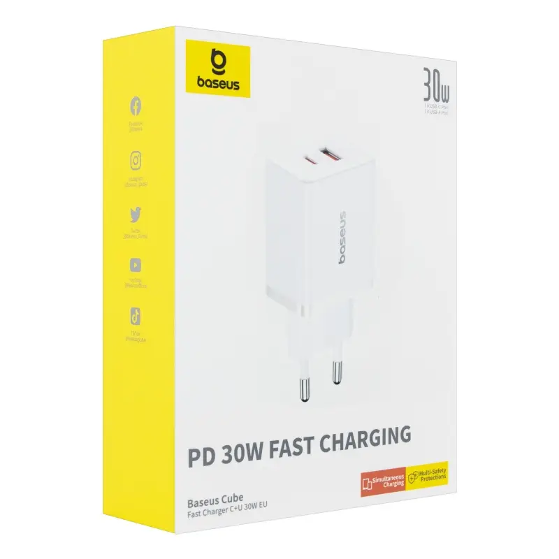 Переходник сетевого зарядного устройства на USB + Type-C PD30W P10111404213-00 Baseus белый