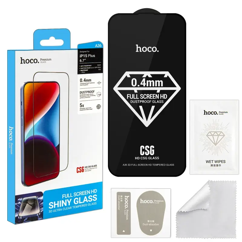 Защитное стекло iPh 15 Plus/ iPh 16 Plus 3D Full Screen HD A36 HOCO черное